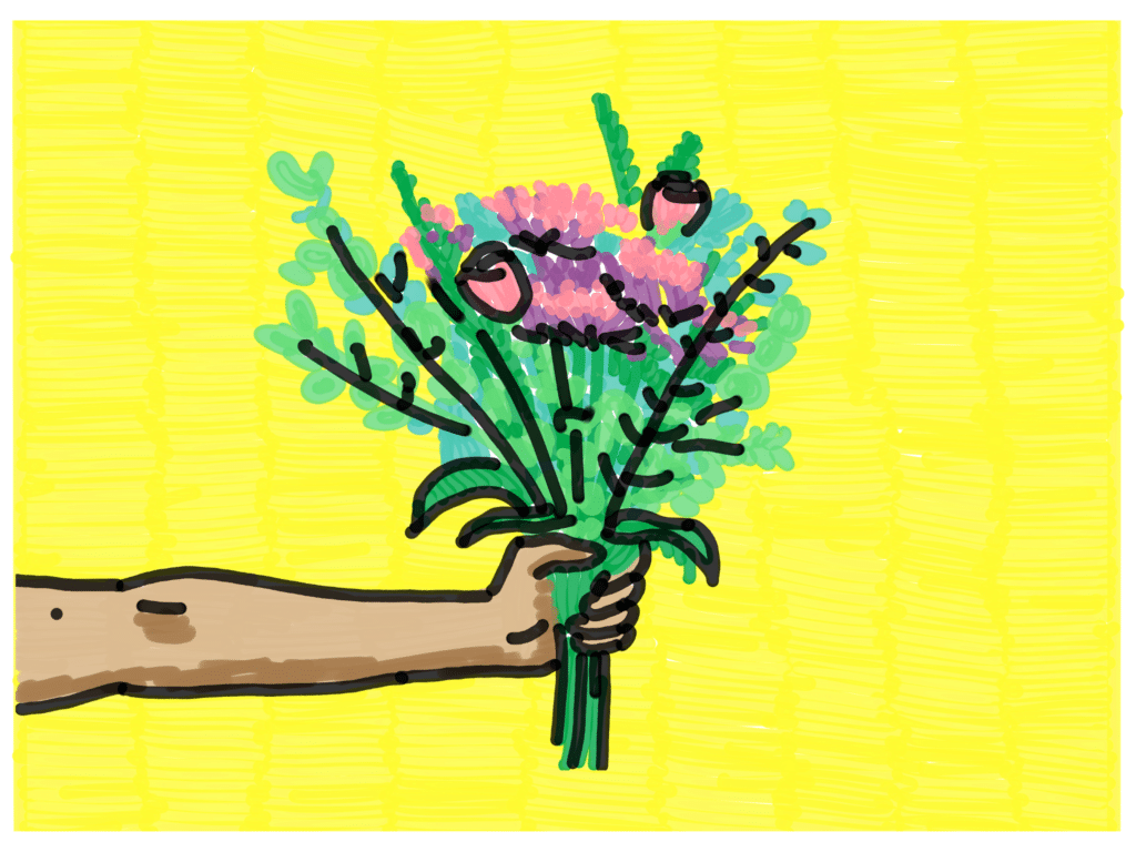 Ein Arm mit Blumenstrauß als Symbol für Lob für gute Arbeit